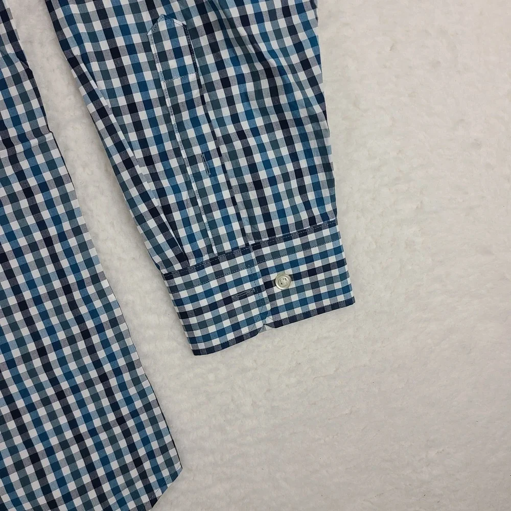 Banana Republic Shirt Mens XL Blue Teal Check‎ Grant Fit Supima Cotton Button Up